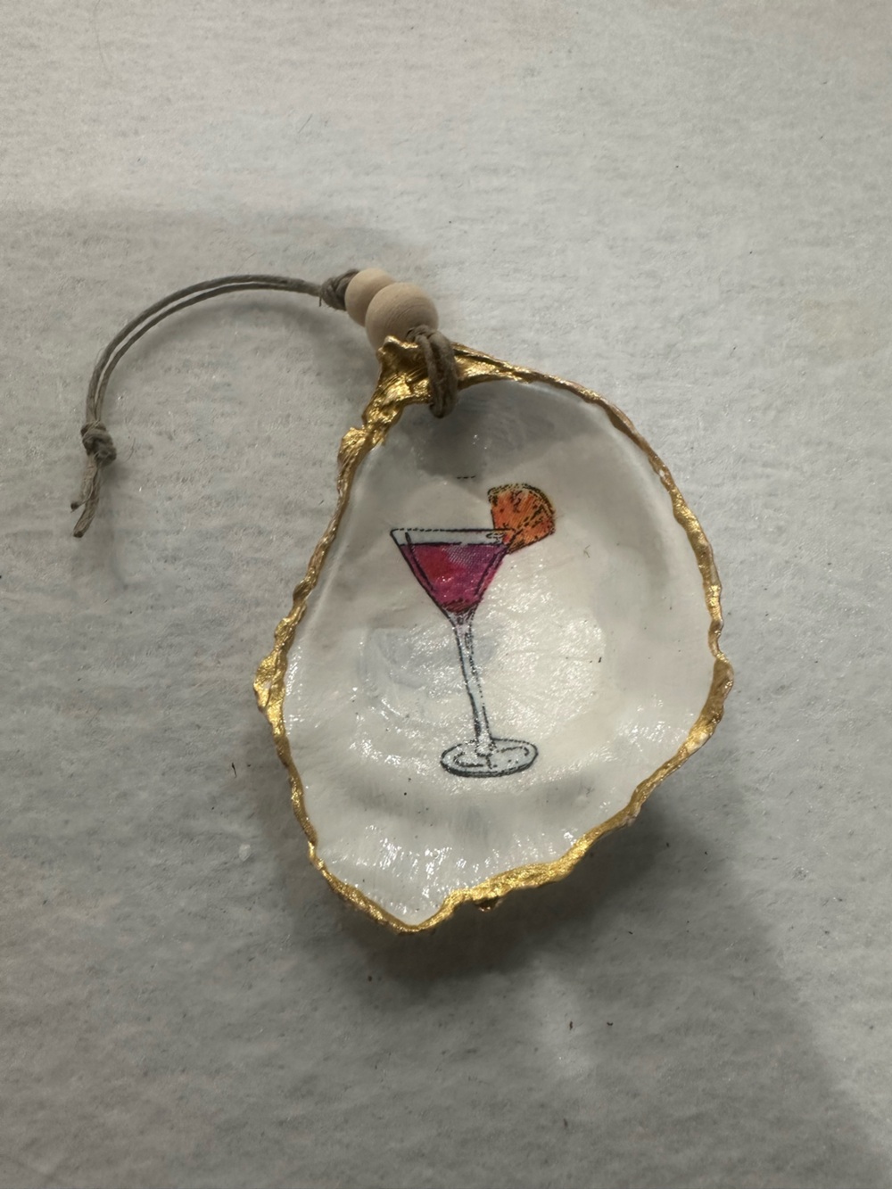 Handmade White Ceramic ornament with Pink Cocktail Accent and Gold Rim